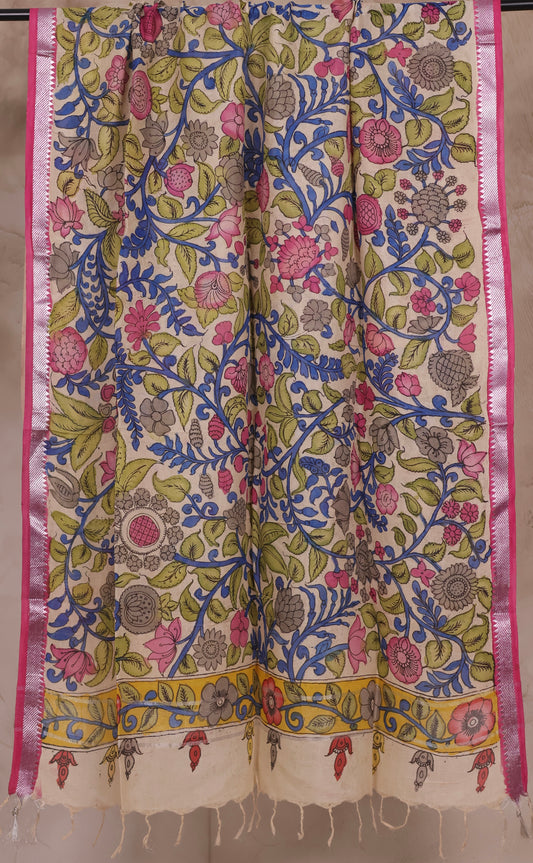 Pen Kalamkari Mangalagiri silk Duppata