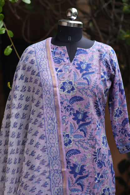 Lavender Handblock printed Pure Mul Cotton with Kota Doria Duppata 3 piece suit (stitched)