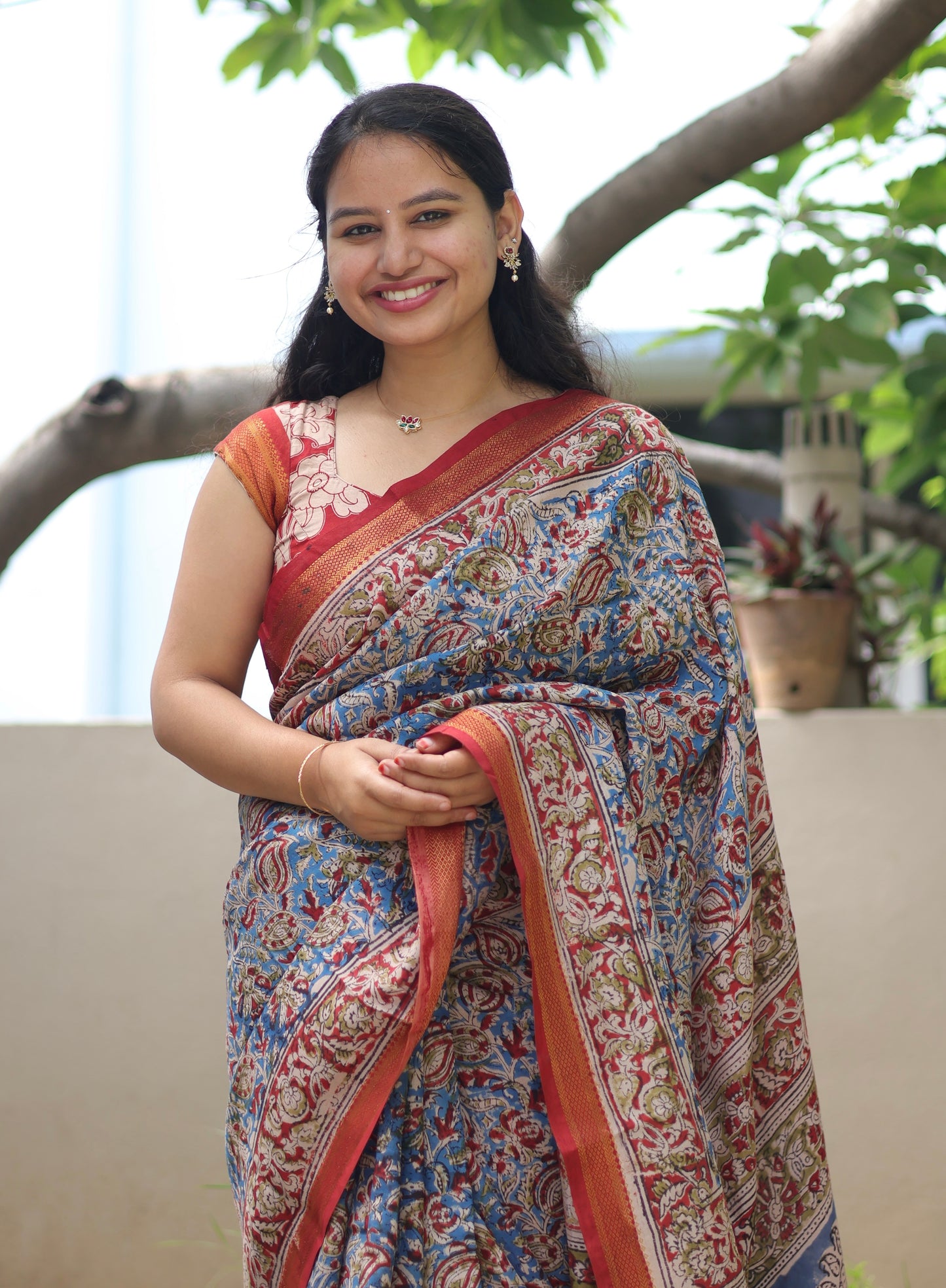 Blue Hand Block Printed Kalamkari Nizam Border Silk Sare