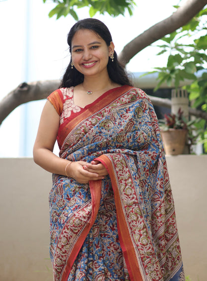 Blue Hand Block Printed Kalamkari Nizam Border Silk Sare