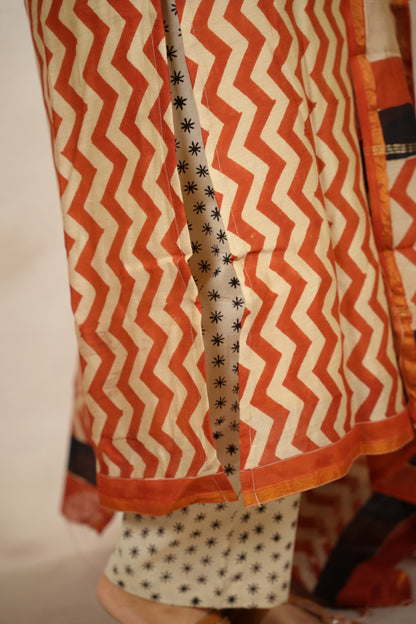 Handblock printed Pure Chenderi Silk 3 piece suit (stitched) |  Looms & Tassels