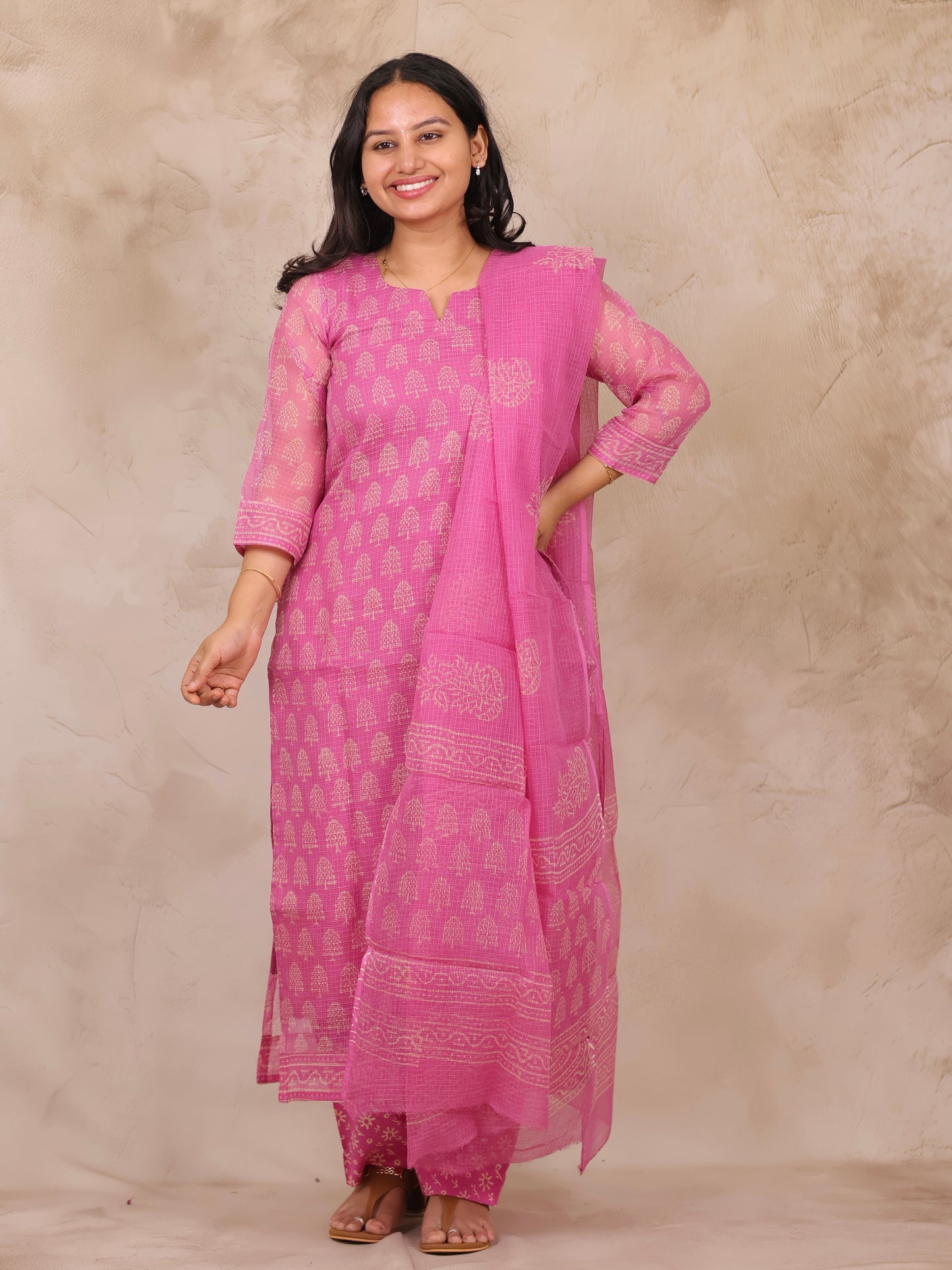Pastel Pink Bagru Handblock printed kota 3 piece suit (stitched)