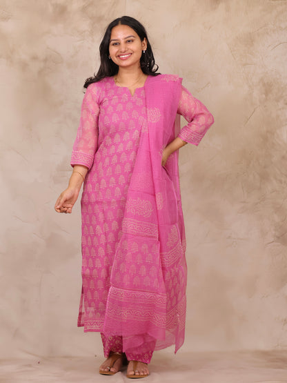 Pastel Pink Bagru Handblock printed kota 3 piece suit (stitched)