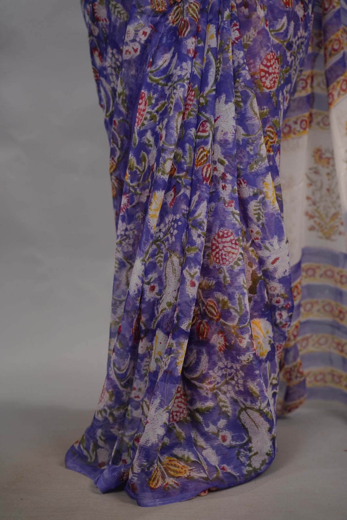 Violet Chiffon Hand Block Printed Saree | Looms & Tassels