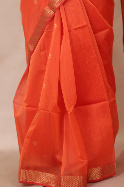 Pastel Orange Handloom Maheswari Silk Cotton Sarees | Looms & Tassels