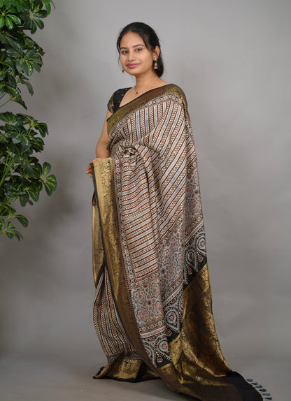 Contemporary Ajrakh Handblock printed Dola Silk Saree | Looms & Tassels