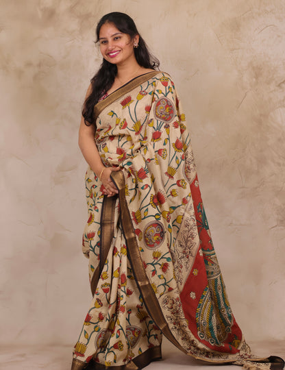 Cream Lotus Kalamkari Nizam Border Chennur Silk Saree | Looms & Tassels
