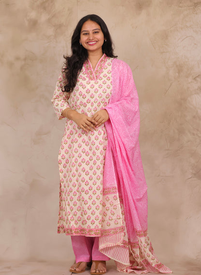 Off White & Pink Handblock printed Pure Mul Cotton with Kota Doria Duppata 3 piece suit (stitched)