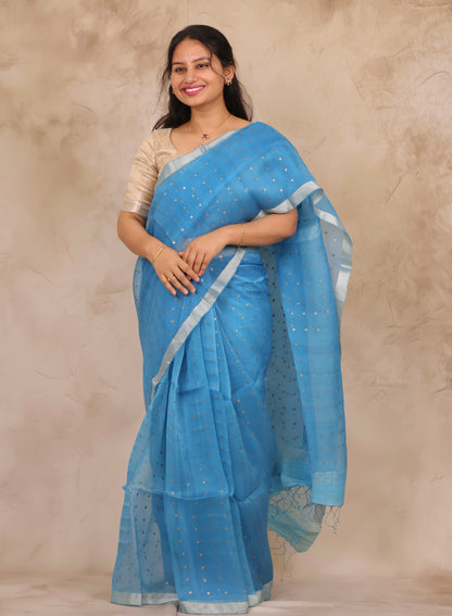 Sky Blue Handwoven Muslin Silk Saree With Sequence Work | Looms & Tassels