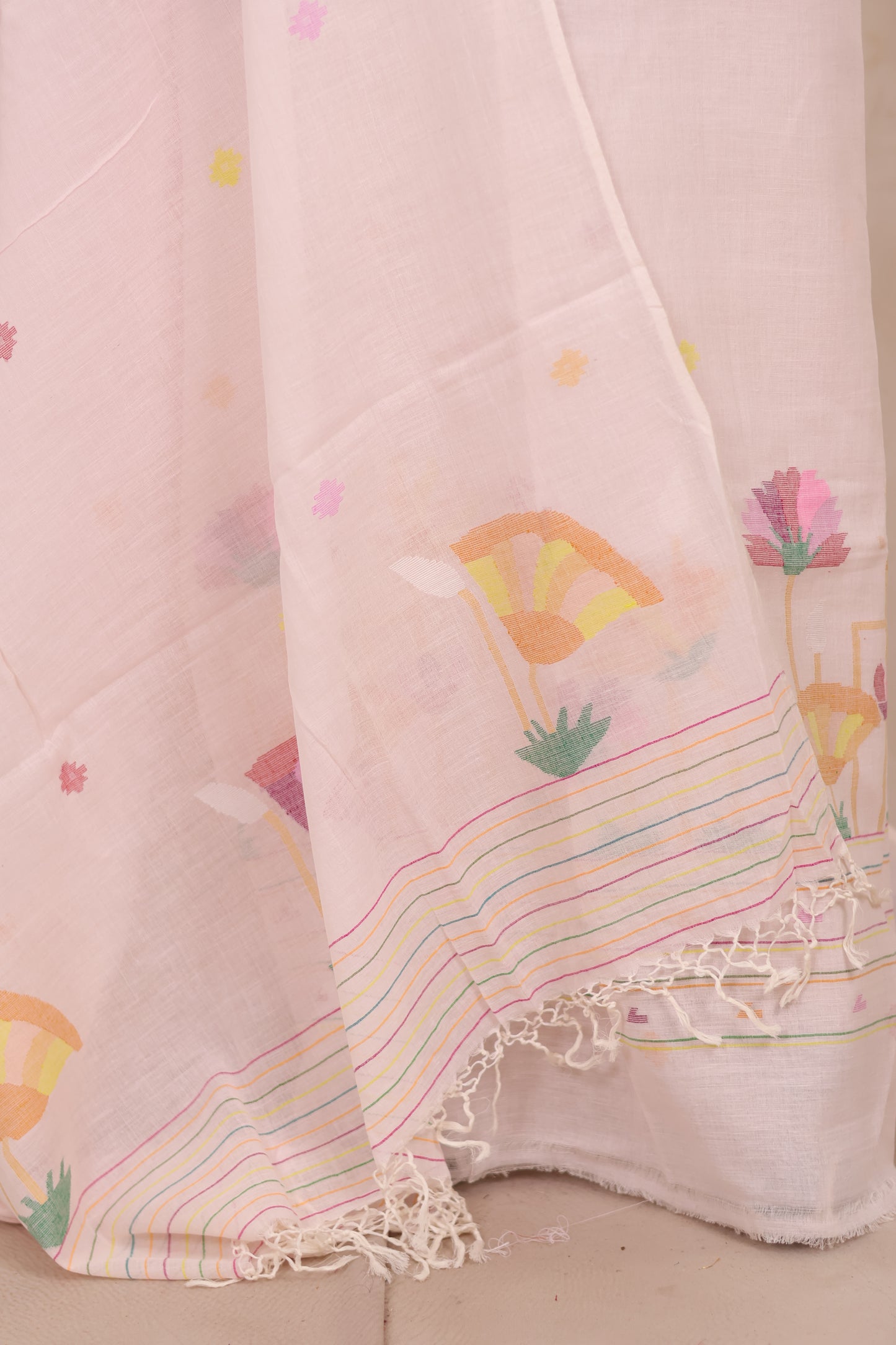 Cream Handwoven Jamdhani weaving pure Malai cotton 2 piece suit sets | Looms & Tassels