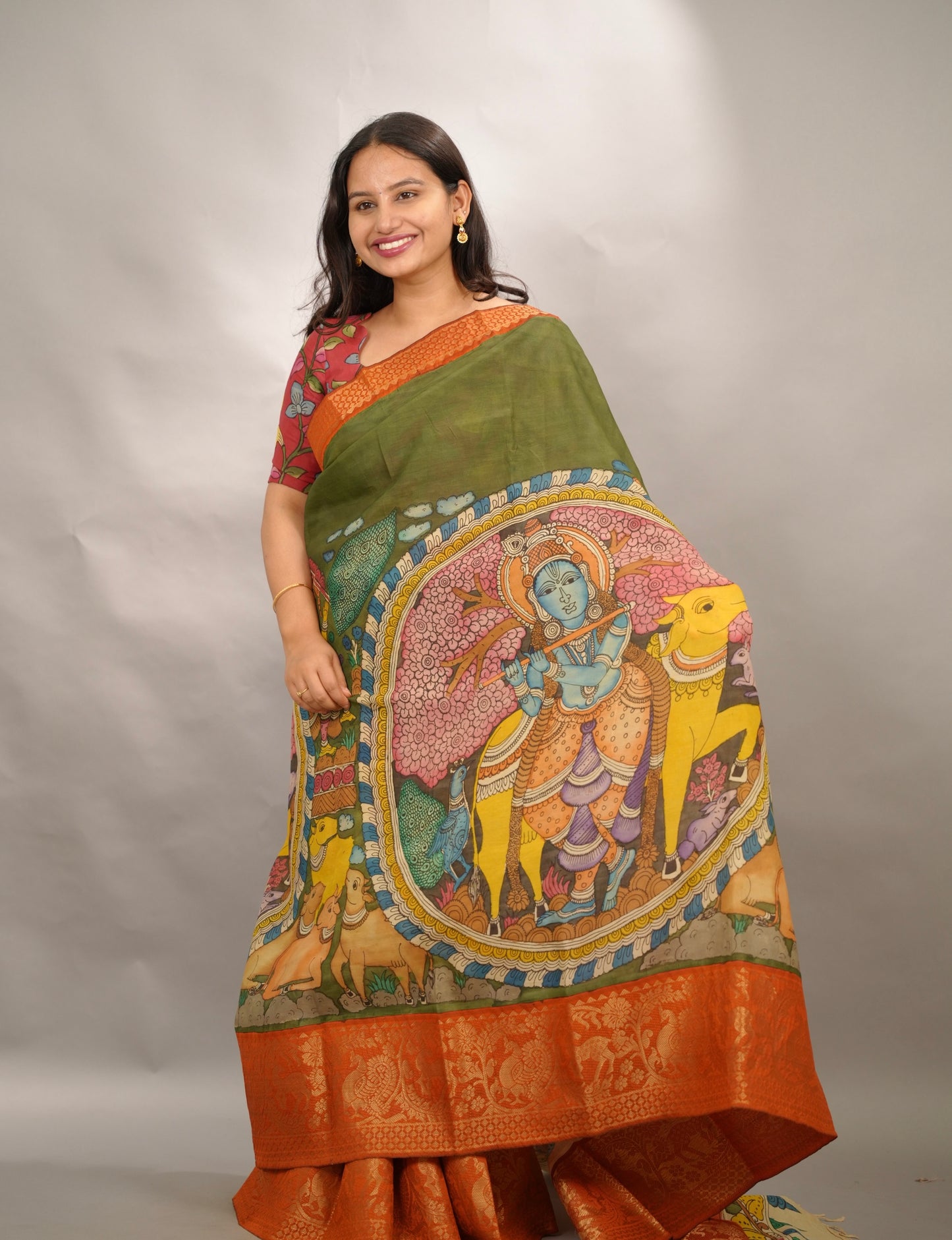 Olive Green Hand Drawn Pen Kalamkari Bangalore Silk Kanchi Border Saree | Looms & Tassels