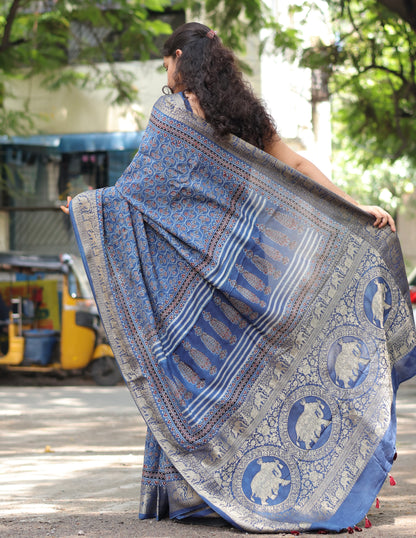 Indigo Ajrakh Dola Silk Saree