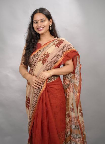 Maroon Pure Kota Doria Saree with Bagru Handblock Prints | Looms & Tassels