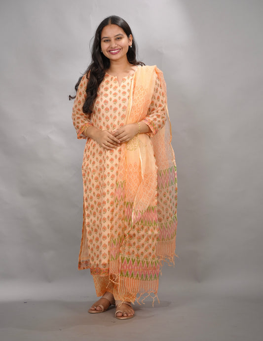 Handblock printed kota 3 piece suit (stitched)| Looms & Tassels