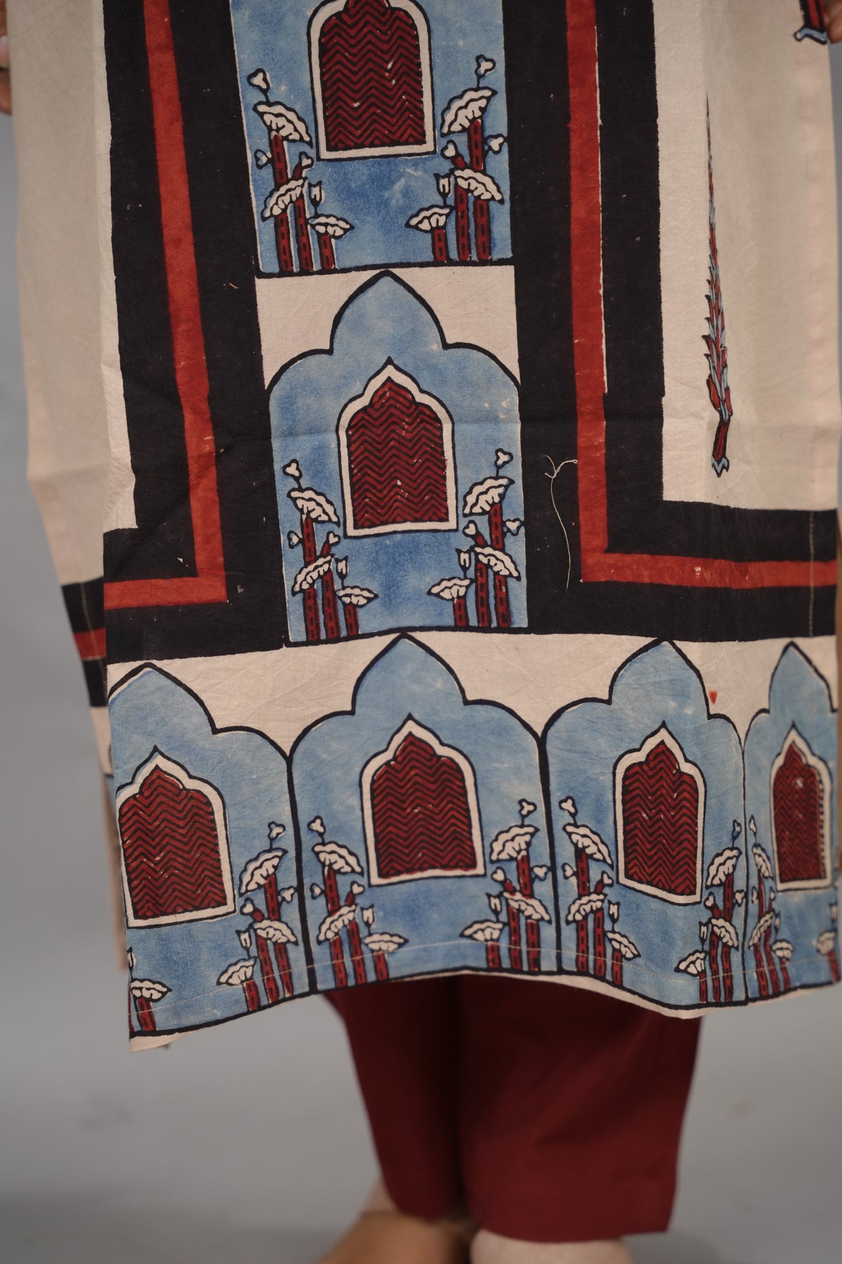Cream Ajrakh Pattern Hand Block printed Kurti | Looms & Tassels