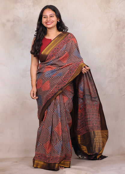 Ajrakh Hand Block Printed Mangalagiri Cotton Saree | Looms & Tassels