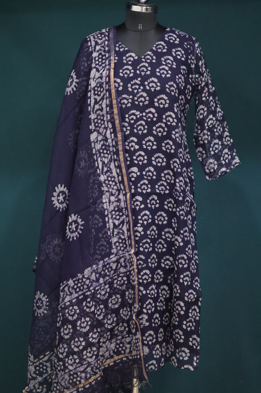 Blue Handblock printed kota 3 piece suit (stitched)