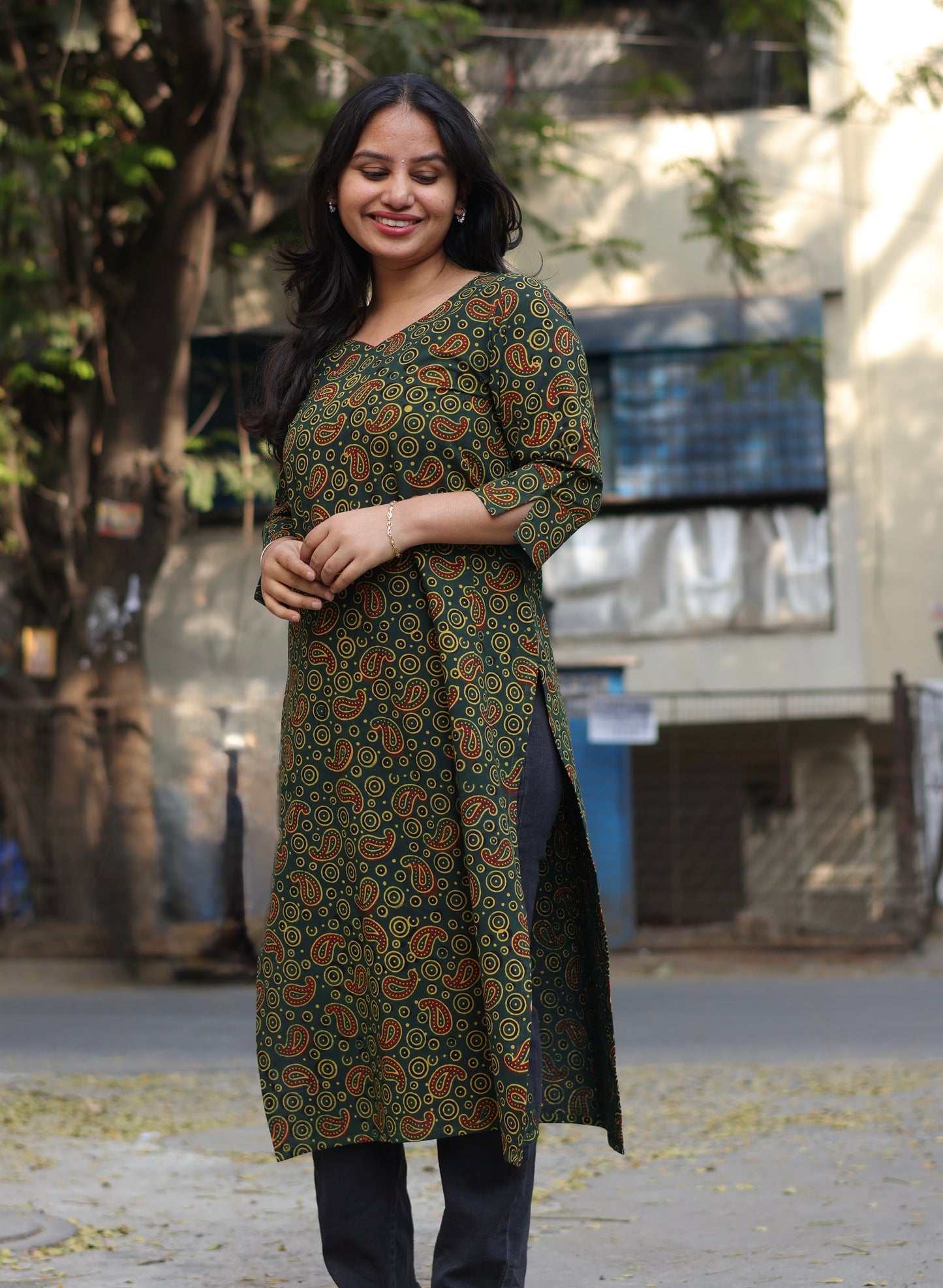 Green Ajrakh Hand Block Printed Kurti