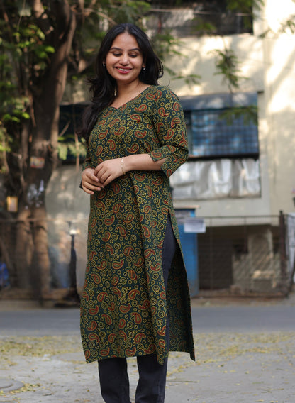 Green Ajrakh Hand Block Printed Kurti