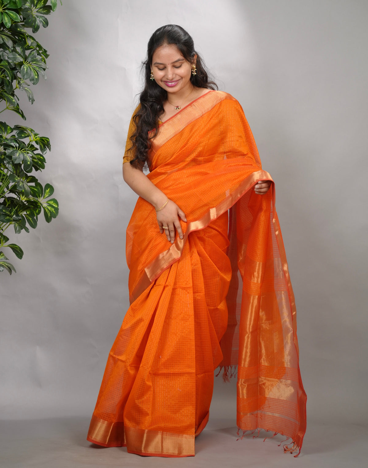 Orange Checks Handloom Maheswari Silk Cotton Sarees | Looms & Tassels