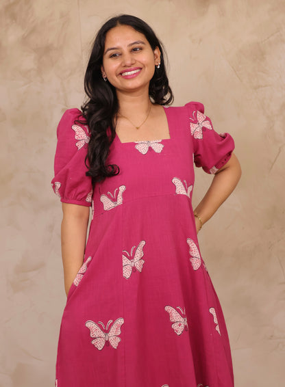 Pink Butterfly Print Pure Mul Cotton Maxi Dress | Looms & Tassels