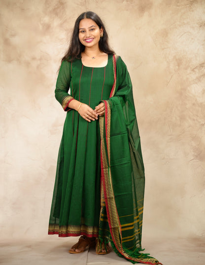 Green Narayanpet Cotton Anarkali Dress with Narayanpet Dupatta | Looms & Tassels