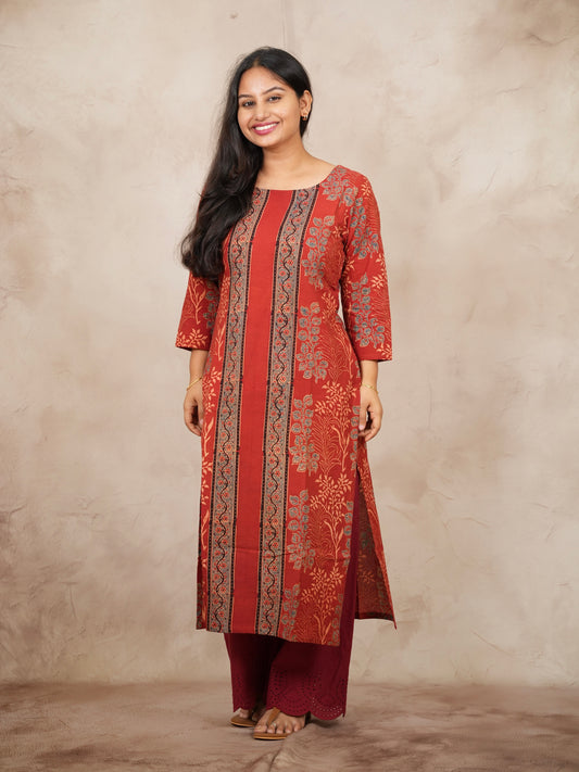 Red Ajrakh Pattern Hand Block printed Kurti | Looms & Tassels