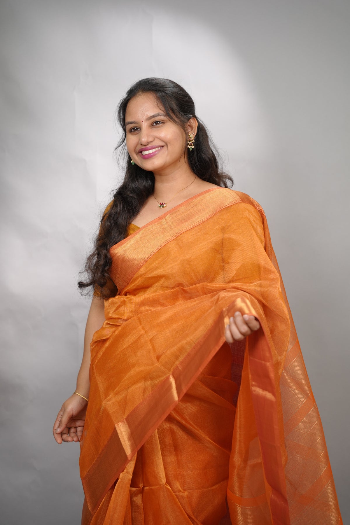 Orange Checks Handloom Maheswari Tissue Silk Cotton Sarees | Looms & Tassels