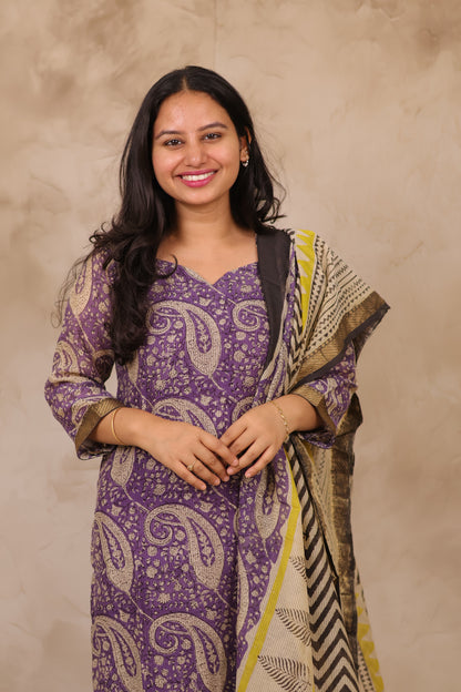 Lavender Handblock printed Pure Maheswari Silk 3 piece suit (stitched)