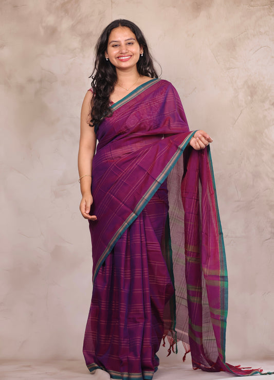 Purple Narayanpet Cotton Saree lines weaving contrast block printed blouse | Looms & Tassels