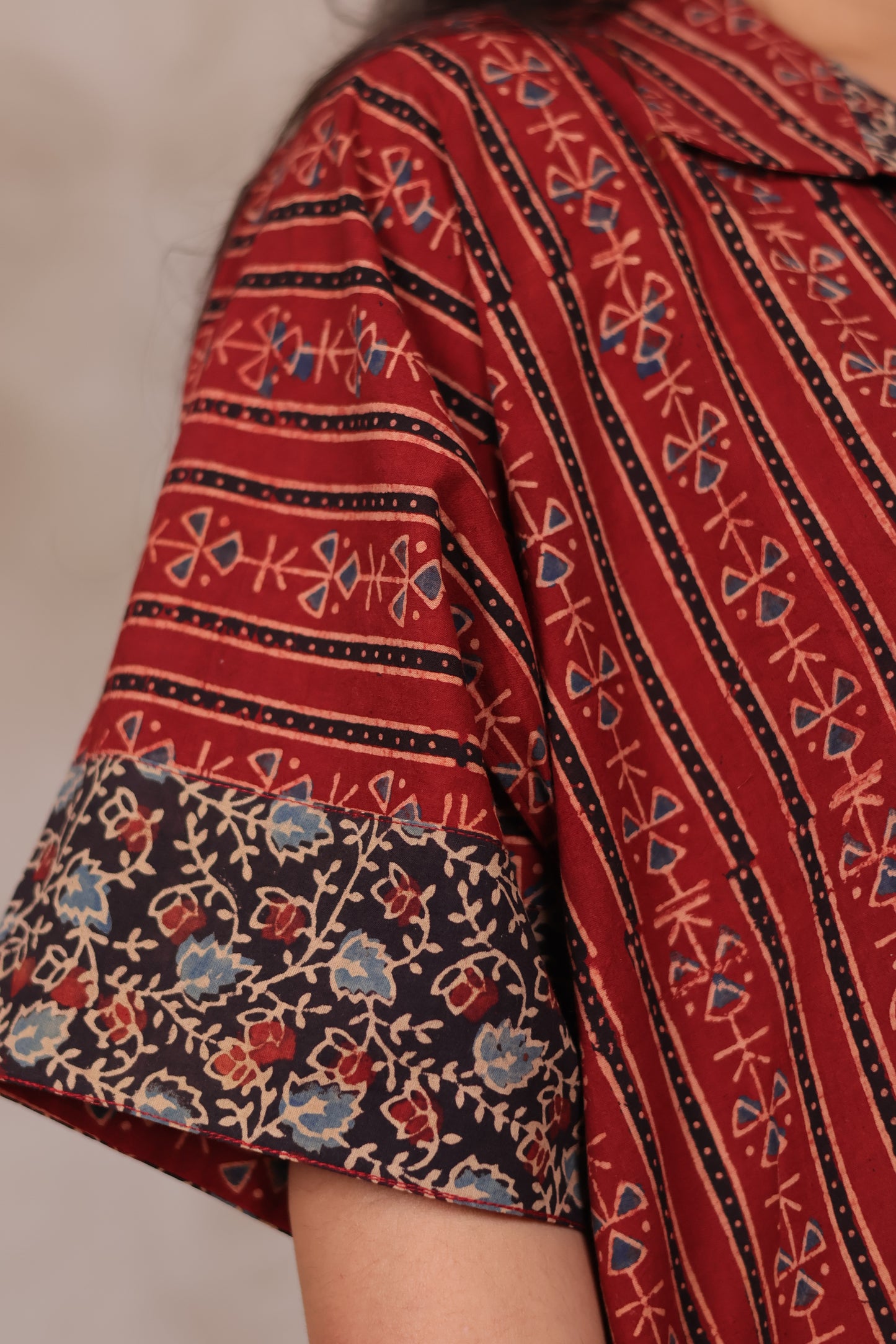 Red Ajrakh Handblock Printed Cotton Kaftan shirt dress – Elegant & Breathable Ethnic Wear | Looms & Tassels