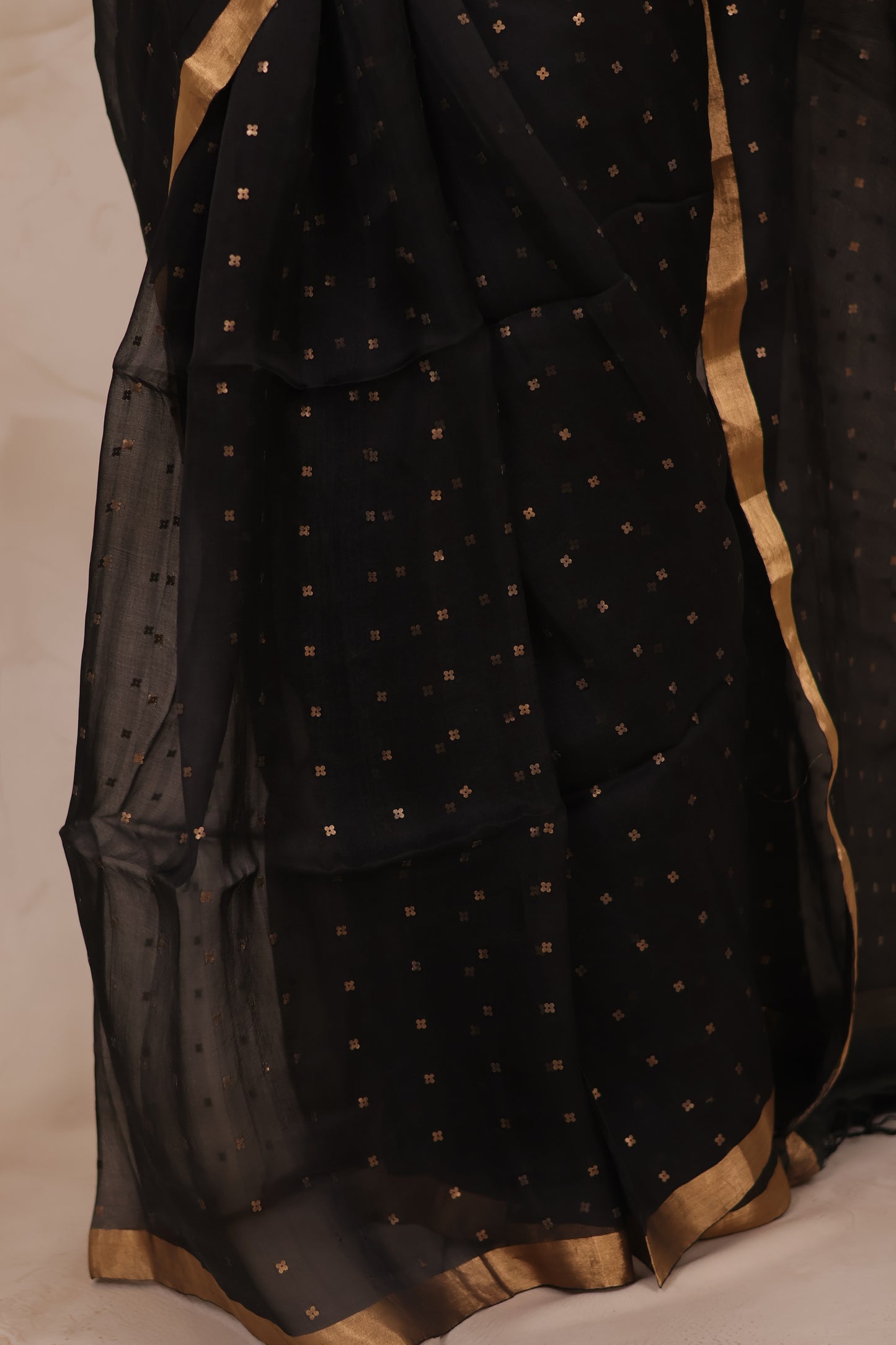 Black Handwoven Muslin Silk Saree With Sequence Work | Looms & Tassels