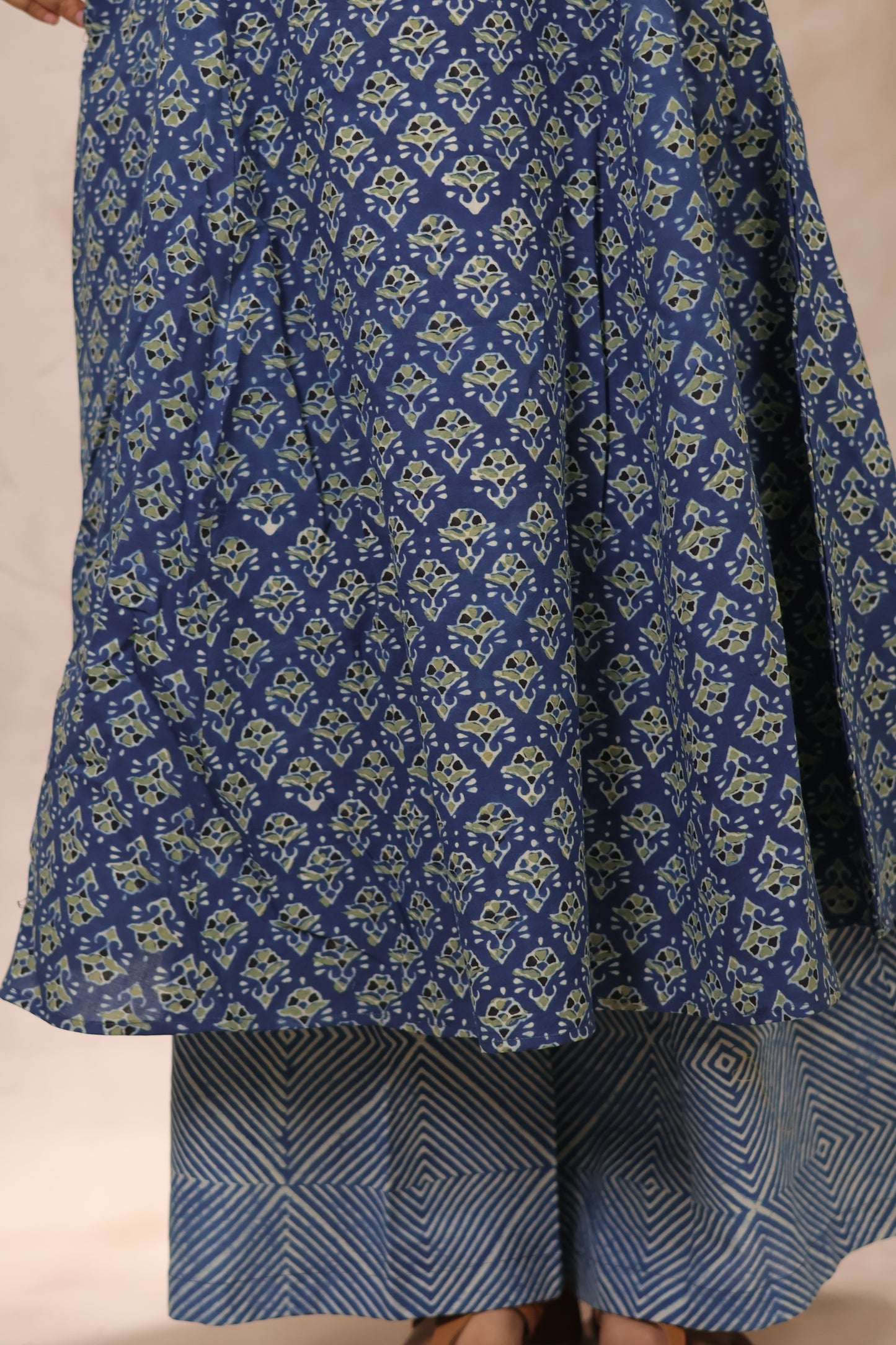 Indigo Ajrakh Handblock Printed Kali Kurti Co-ord Set (Pure Cotton ) | Looms & Tassels