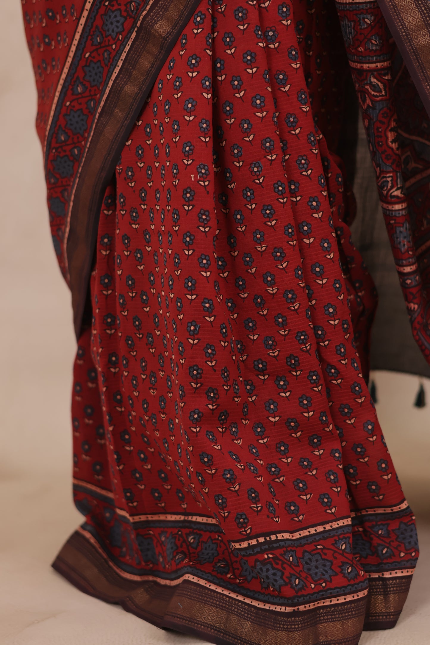 Maheswari Silk Cotton Ajrakh Handblock Printed Saree | Looms & Tassels