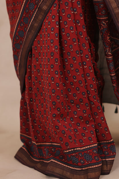 Maheswari Silk Cotton Ajrakh Handblock Printed Saree | Looms & Tassels
