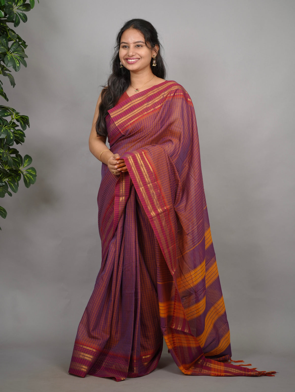 Dual Tone Checks Narayanpet Cotton Saree with Traditional contrast Border | Looms & Tassels