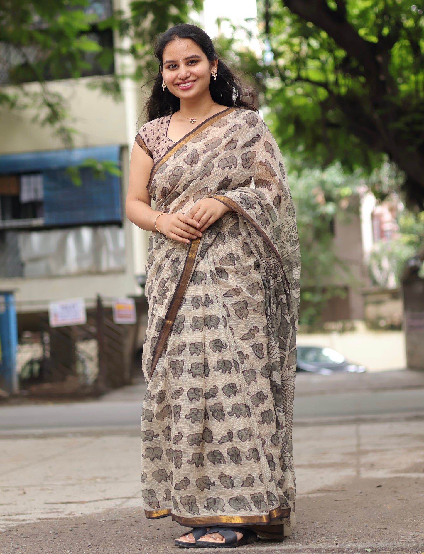 Grey Kalamkari printed Kota Doriya Saree