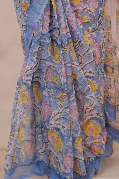 Blue Chiffon Hand Block Printed Saree | Looms & Tassels