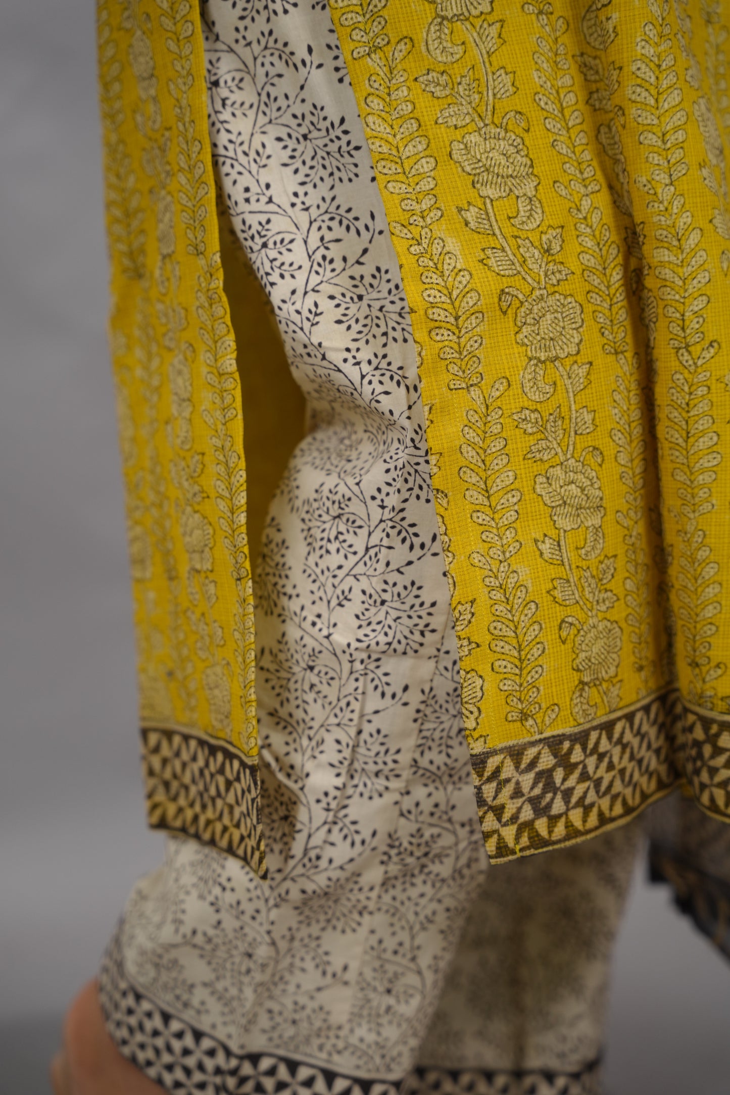 Yellow Handblock printed kota 3 piece suit (stitched)| Looms & Tassels