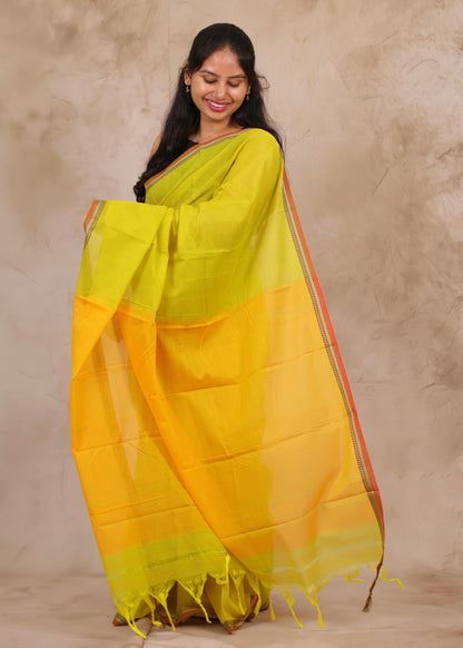 Lemon Yellow Narayanpet Cotton Saree | Looms & Tassels
