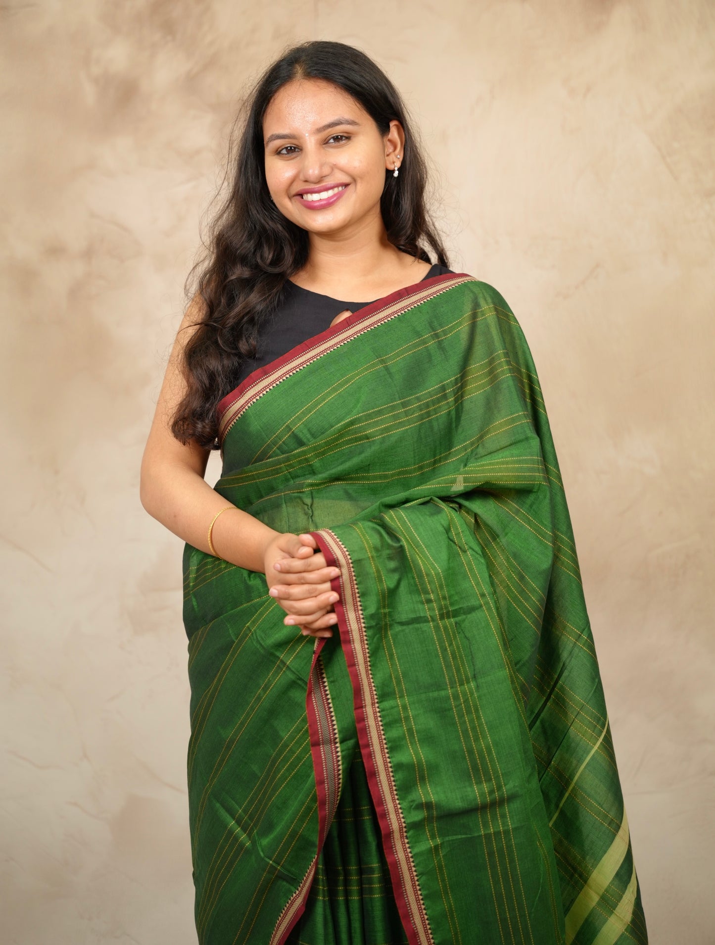 Green Narayanpet Cotton Saree lines weaving | Looms & Tassels