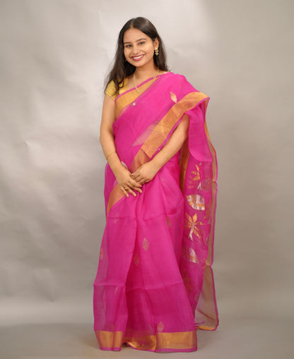 Pink Handloom Muslin Silk Saree With jamdhani weaving | Looms & Tassels