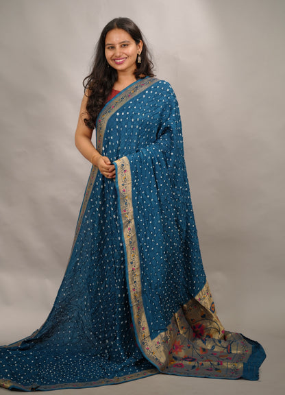 Cyan Blue Handcrafted Bandhani Paithani Dola Silk Saree | Looms & Tassels