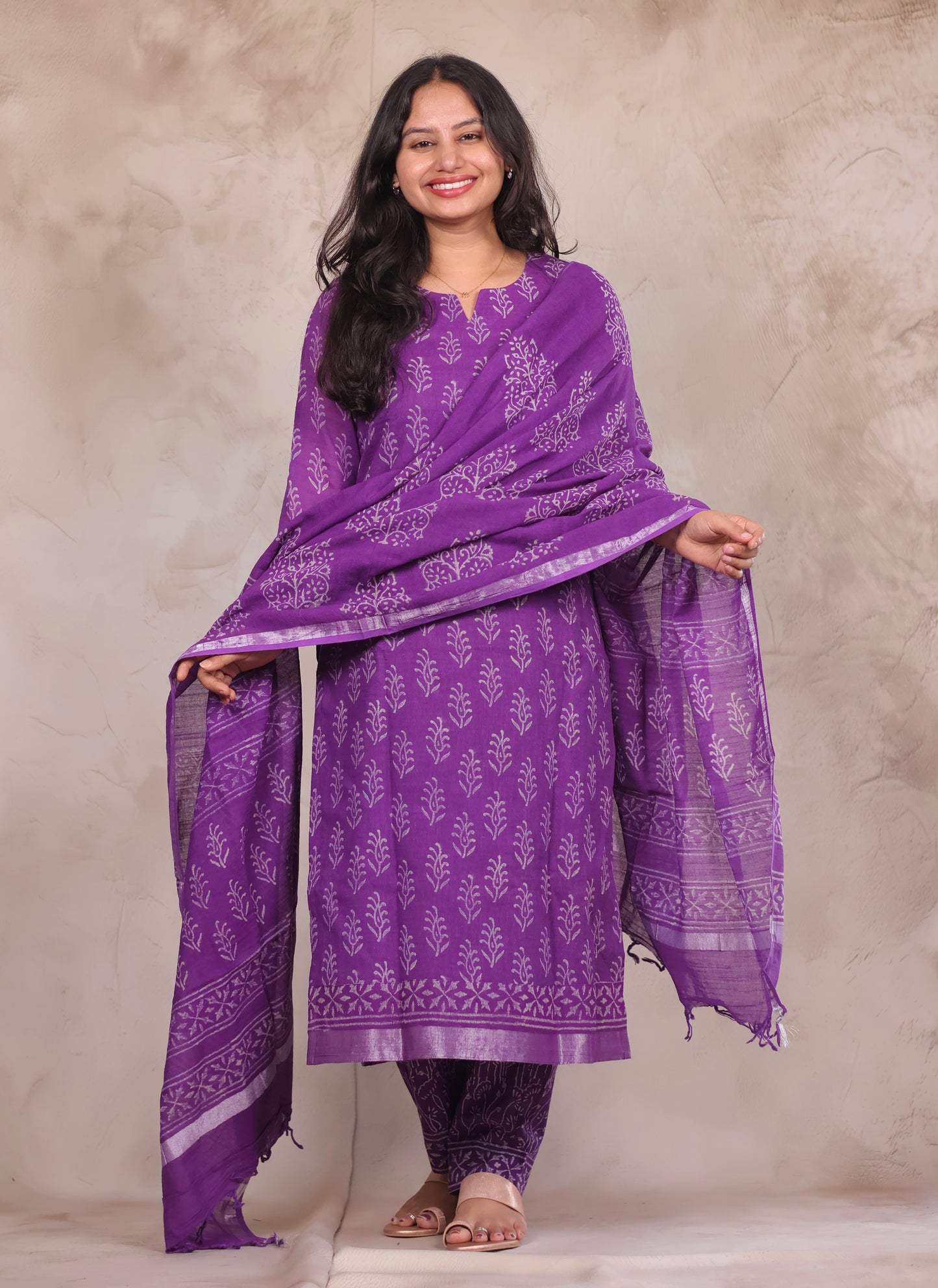 Purple Linen Cotton Handblock printed 3 piece suit (stitched)