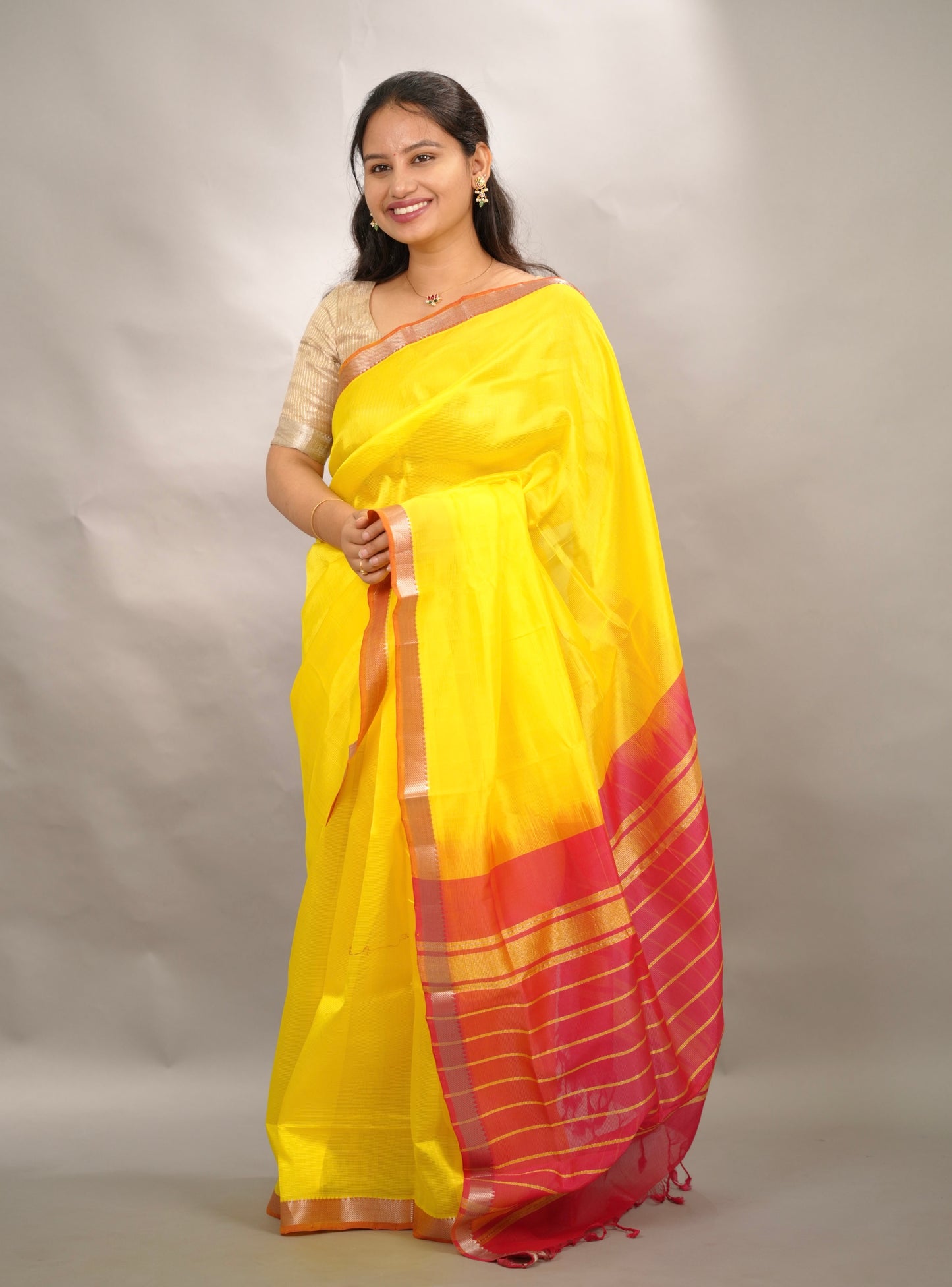 Yellow & Pink Handloom Mangalagiri Silk Saree| Looms & Tassels