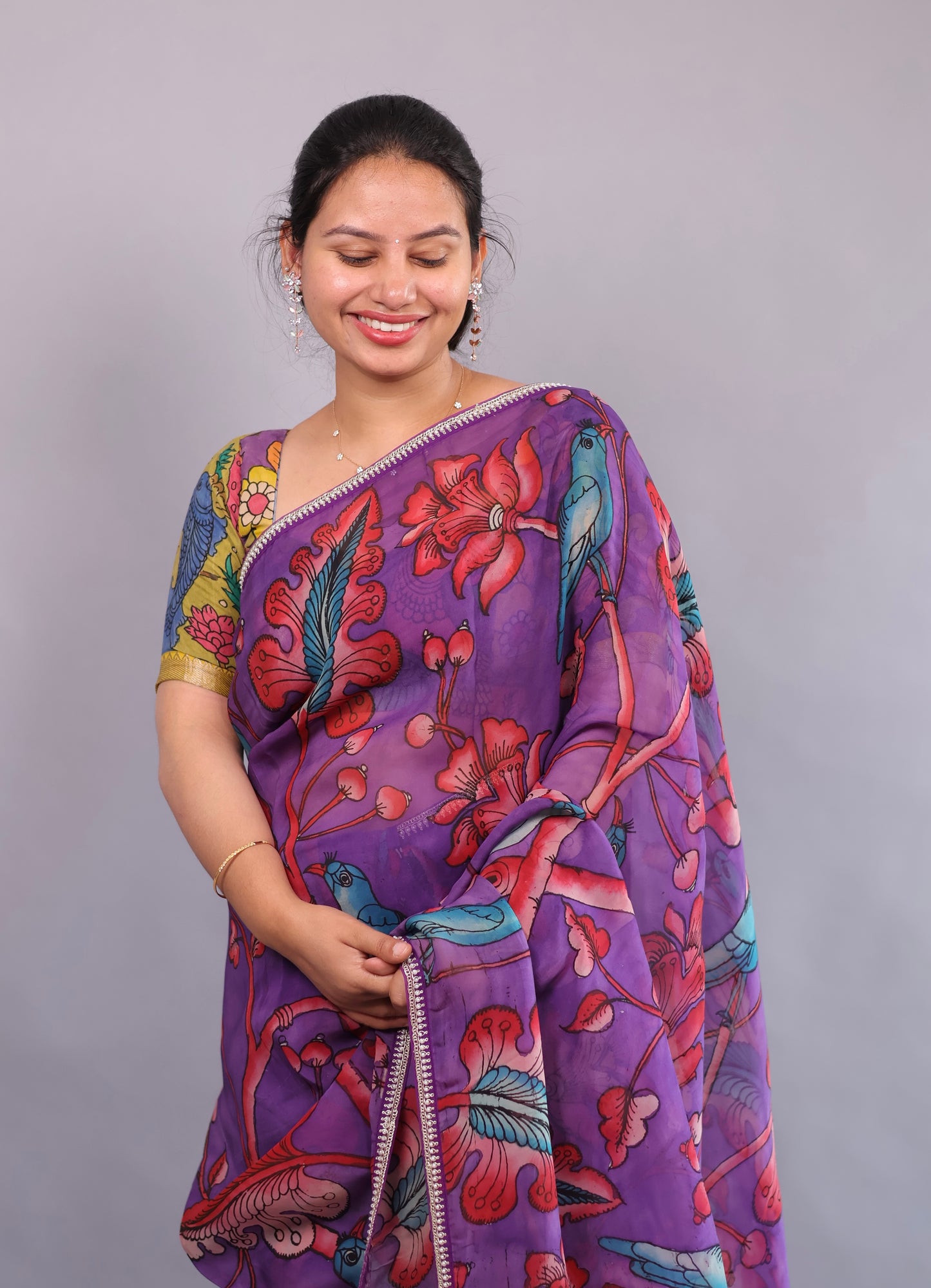 Purple Hand Painted Pen Kalamkari Organza Saree