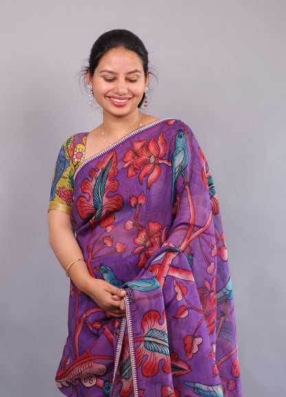 Purple Hand Painted Pen Kalamkari Organza Saree