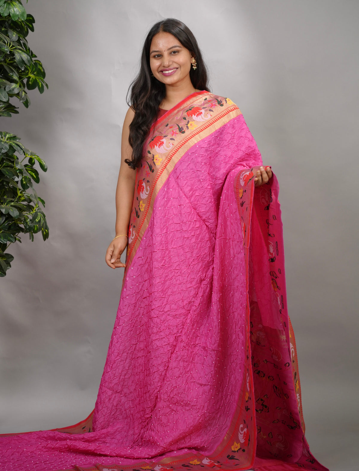 Pink Handcrafted Bandhani Paithani Dola Silk Saree | Looms & Tassels