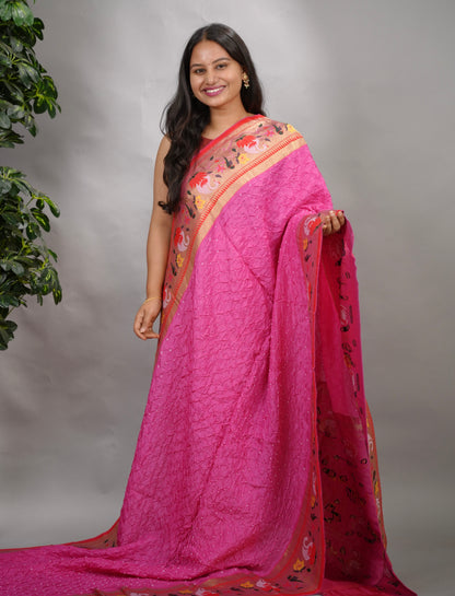 Pink Handcrafted Bandhani Paithani Dola Silk Saree | Looms & Tassels