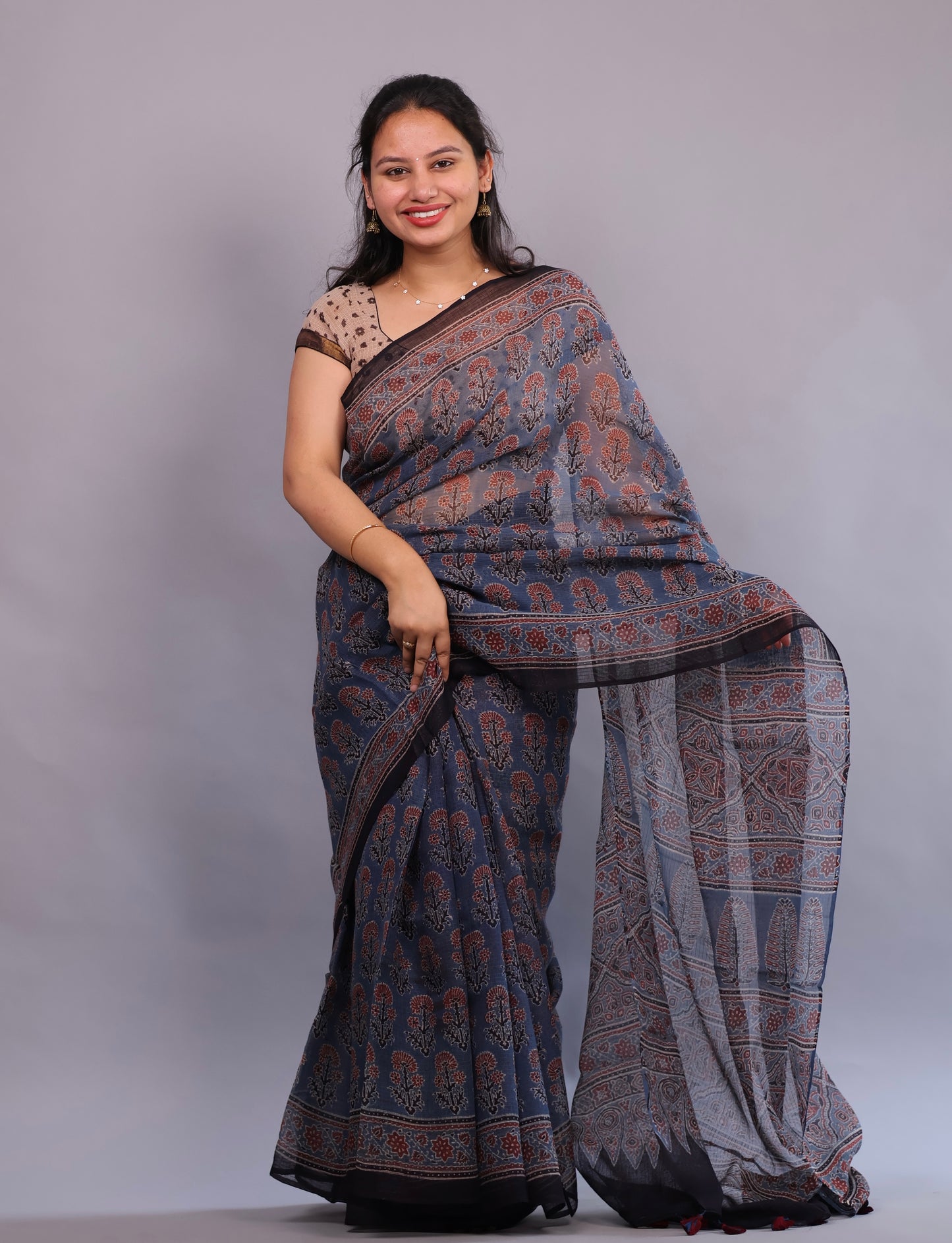 Indigo Ajrakh Hand Block Printed Kota Doria Saree | Looms & Tassels
